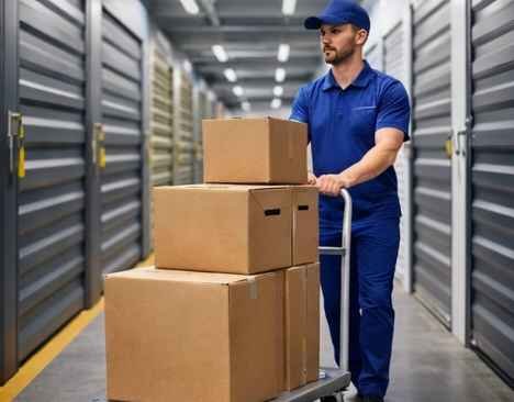 موظف شركة نقل عفش بجدة عرب موورز هب ينقل صناديق داخل مستودع تخزين آمن