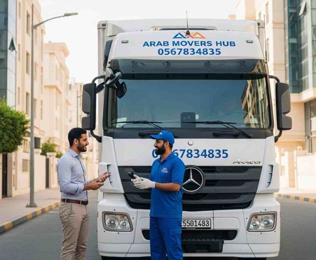عميل يتحدث مع موظف شركة عرب موورز هب أمام شاحنة نقل عفش حديثة ضمن خدمات شركة نقل عفش بمكة