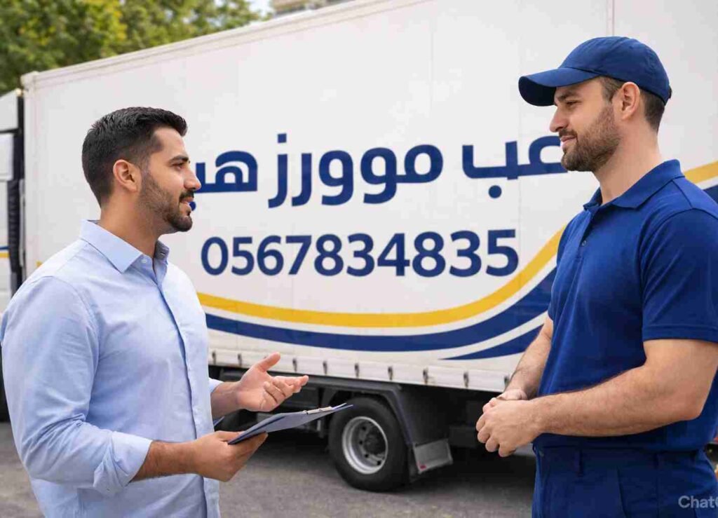 عميل يتحدث مع مندوب شركة عرب موورز هب أمام شاحنة الشركة ضمن خدمات نقل عفش بالمدينة المنورة.