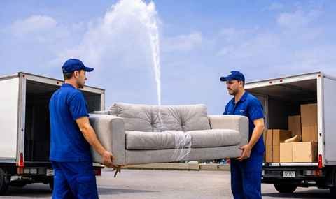 عمال متخصصون يرفعون أريكة أثناء عملية شركة نقل اثاث بجدة باحترافية عالية من عرب موورز ہب