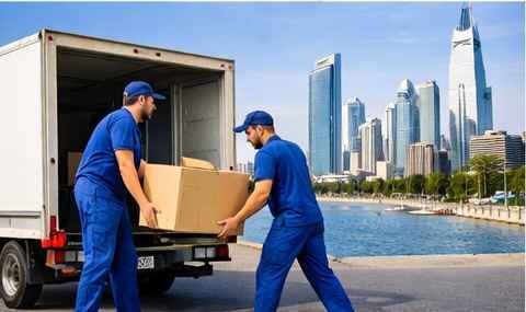 نقل العفش بالخبر بواسطة عمال محترفين يقومون بتحميل الأثاث داخل شاحنة نقل أمام كورنيش الخبر بطريقة آمنة ومنظمة