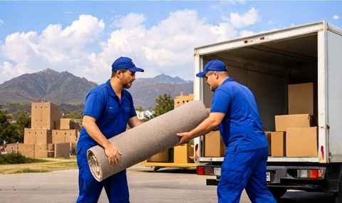 عمال ارخص شركة نقل عفش عرب موورز ہب يقومون بتحميل الأثاث بعناية داخل شاحنة نقل في بخميس مشيط