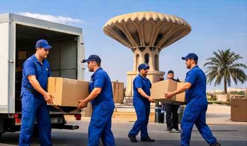 خدمة دينا نقل عفش بالقصيم من عرب موورز ہب، فريق عمل محترف يقوم بتحميل الأثاث داخل شاحنة دينا بشكل منظم وآمن