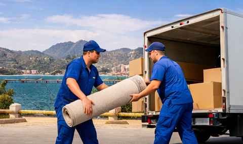 دينا نقل عفش في بجازان مع فريق محترف من عرب موورز ہب يقوم بتحميل الأثاث بعناية داخل شاحنة نقل مجهزة