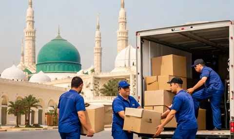 سيارة نقل عفش بالمدينة المنورة تابعة لشركة عرب موورز ہب مع فريق متخصص يقوم بتحميل الصناديق والأثاث داخل شاحنة نقل حديثة