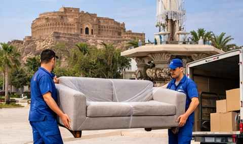 سيارة نقل عفش بالطائف تابعة لشركة عرب موورز ہب أثناء تحميل كنبة بواسطة فريق محترف بأسلوب آمن ومنظم