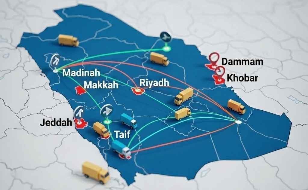 خريطة خدمات نقل العفش في السعودية من شركة عرب موورز ہب توضح الربط بين الدمام والمدن الرئيسية عبر شاحنات نقل حديثة ومسارات لوجستية منظمة