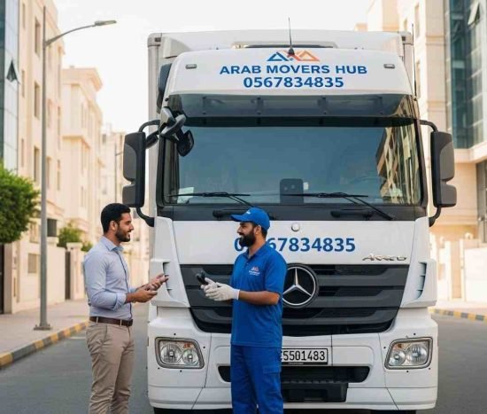 سيارة نقل عفش في المملكة العربية السعودية تابعة لشركة عرب موورز ہب مع فريق عمل محترف يتواصل مع العميل أمام الشاحنة