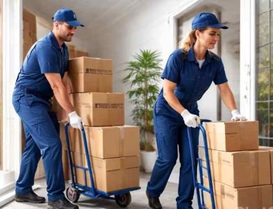 عمال عرب موورز ہب يقومون بنقل صناديق الأثاث باستخدام عربات تحميل داخل منزل في الخبر – شركة نقل العفش بالخبر