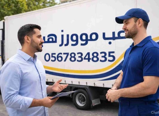 شركة نقل العفش بالخبر فريق عرب موورز ہب يتواصل مع العميل أمام شاحنة نقل الأثاث لتقديم خدمة نقل احترافية وآمنة