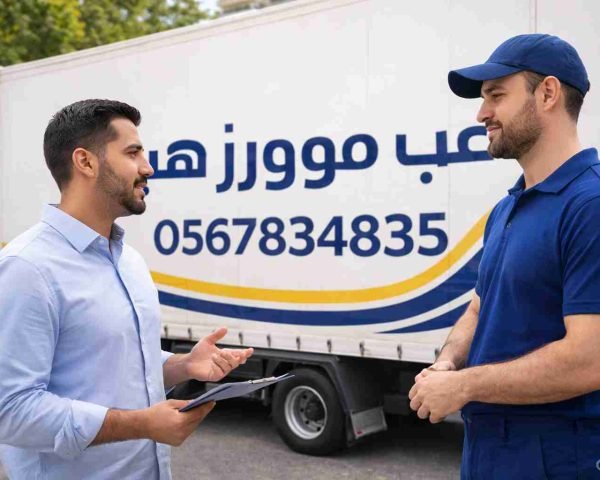 عميل يتحدث مع مندوب عرب موورز ہب أمام شاحنة النقل – شركه نقل عفش بالدمام