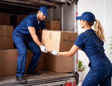 فريق عرب موورز ہب يقوم بتحميل وتنزيل صناديق الأثاث بعناية داخل شاحنة مجهزة لخدمات نقل عفش بالمدينة المنورة.