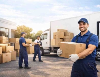 فريق عرب موورز ہب يقوم بتحميل صناديق الأثاث بعناية أمام شاحنة نقل حديثة ضمن خدمات نقل عفش بالمدينة المنورة.