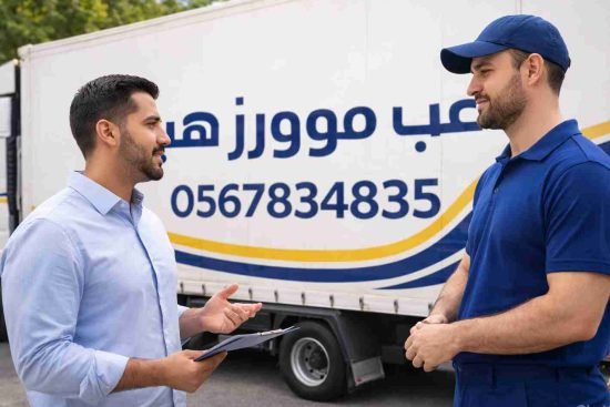 فريق عمل شركة عرب موورز ہب يتفق مع العميل أمام شاحنة نقل عفش بتبوك لضمان خدمة احترافية وآمنة
