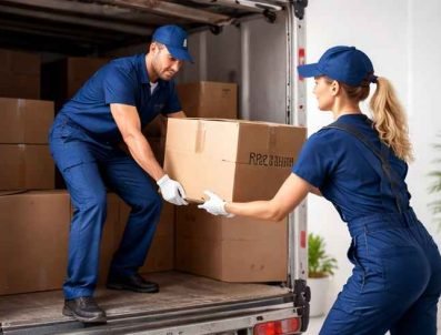 فريق عرب موورز ہب يقوم بنقل صناديق الأثاث بعناية داخل الشاحنة ضمن خدمة نقل عفش بريدة