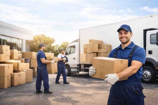 فريق محترف من عرب موورز ہب يقوم بحمل ونقل صناديق الأثاث بعناية ضمن خدمة نقل عفش بريدة