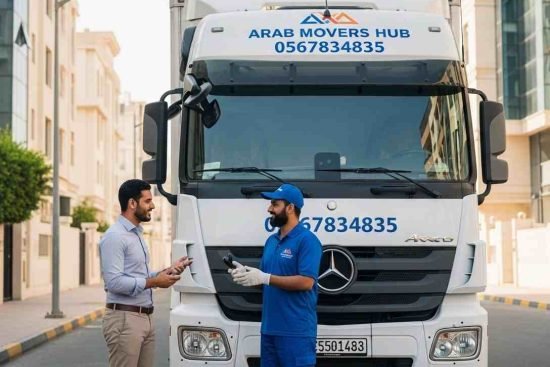 نقل عفش نجران سروس کے دوران عرب موورز ہب کا ٹرک اور پروفیشنل ٹیم کسٹمر سے بات کرتے ہوئے